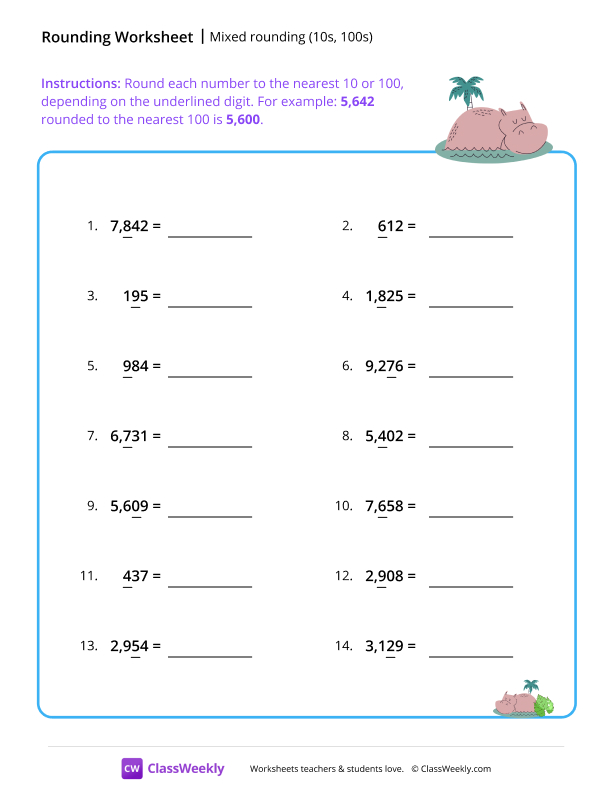 Mixed rounding (10s, 100s) - Hippo worksheet preview