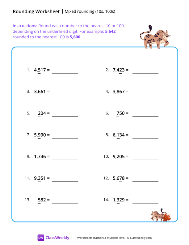Mixed rounding (10s, 100s) worksheet preview