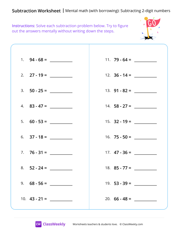 Mental math (with borrowing): Subtracting 2-digit numbers - Flag worksheet preview