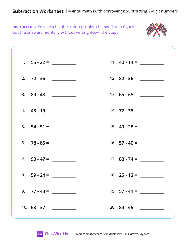 Mental math (with borrowing): Subtracting 2-digit numbers worksheet preview