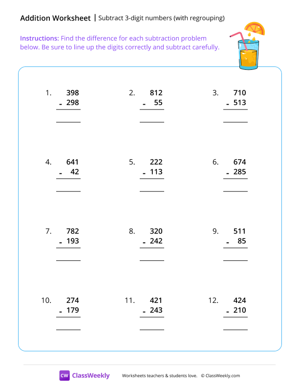 Subtract 3-digit numbers (with regrouping) - Juice worksheet preview