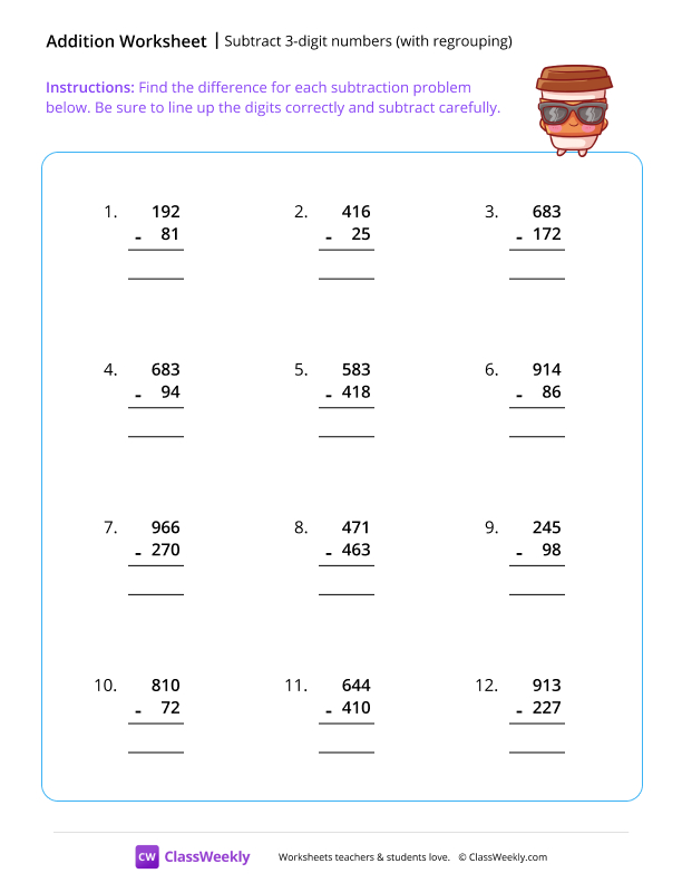 Subtract 3-digit numbers (with regrouping) - Coffee worksheet preview
