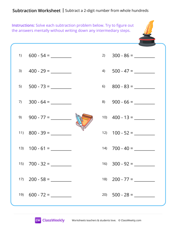 Subtract a 2-digit number from whole hundreds - Ink worksheet preview