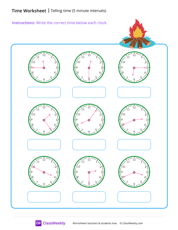 Telling time (5 minute intervals) - Fire worksheet preview