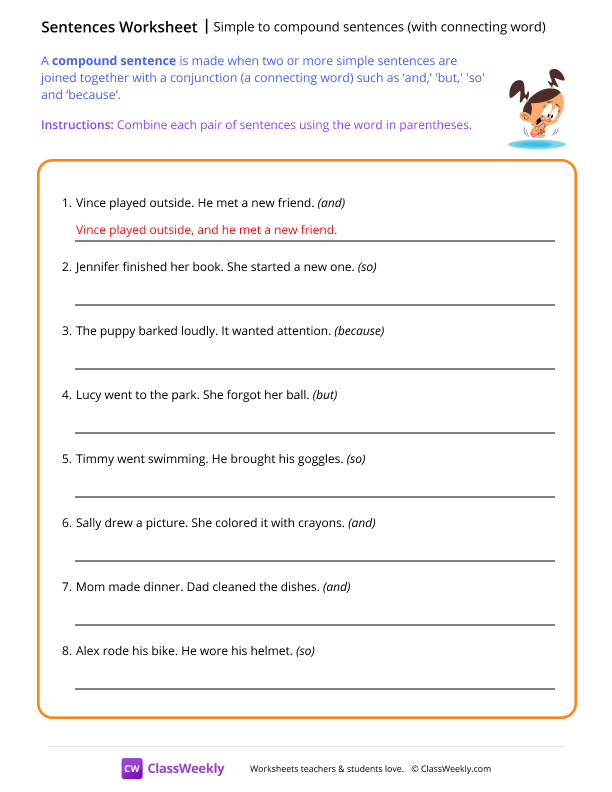 Simple vs compound sentences (with connecting words) worksheet preview