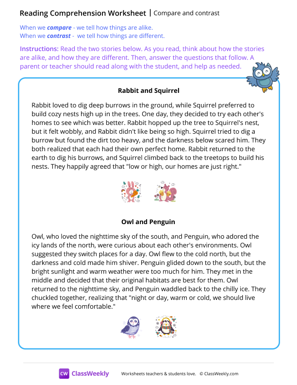 Compare and contrast - Tiny Owls worksheet preview