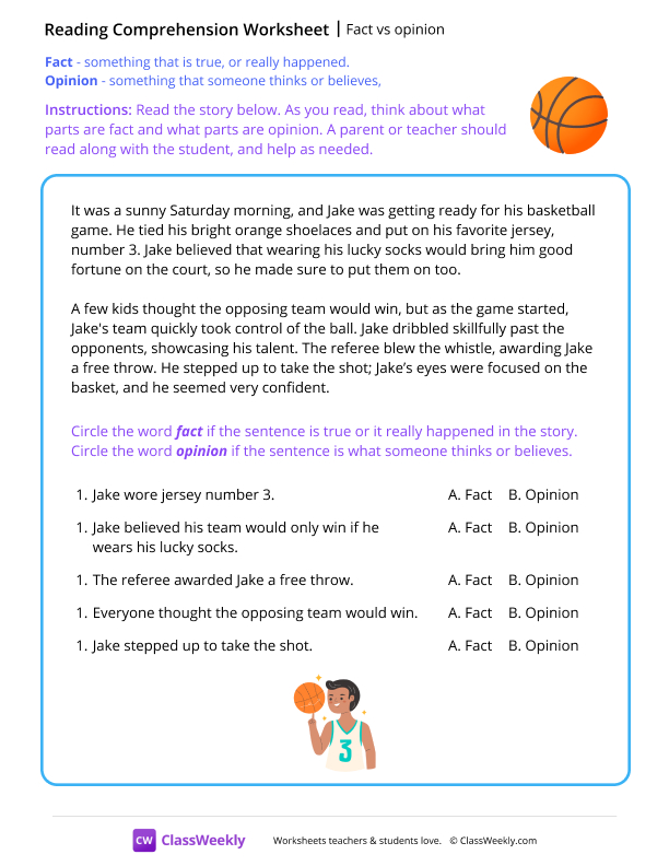 Fact vs opinion - Basketball worksheet preview