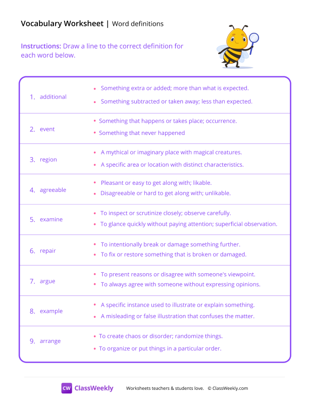 Word Definitions - Curious Bee worksheet preview