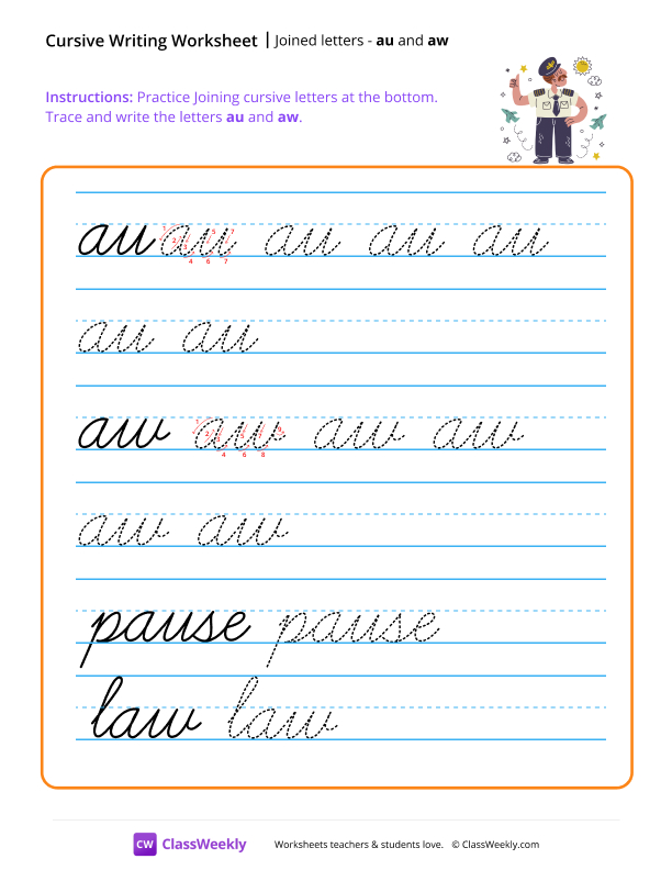 Cursive Joins - au and aw worksheet preview