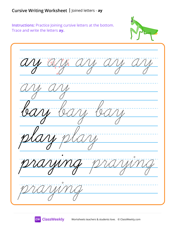 Cursive Joins - ay worksheet preview