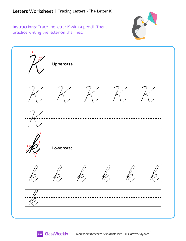 Cursive K worksheet preview