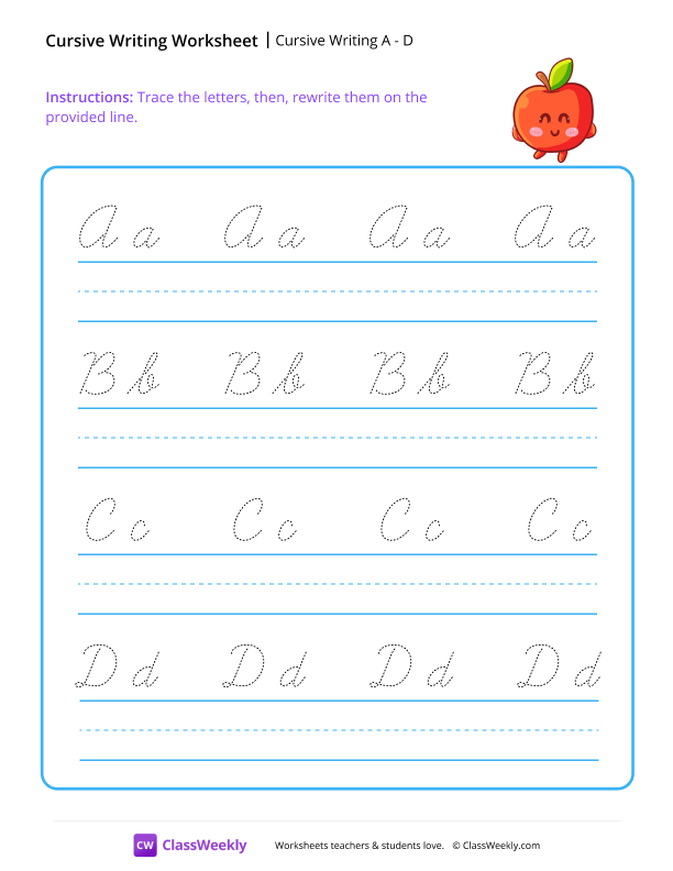 Cursive Writing A to D worksheet preview