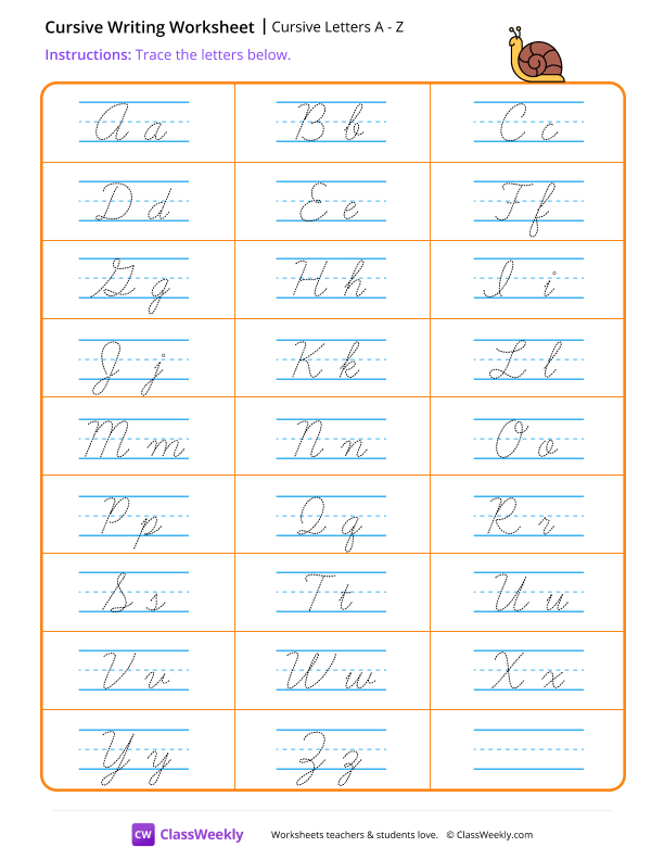 Cursive Letters A to Z worksheet preview