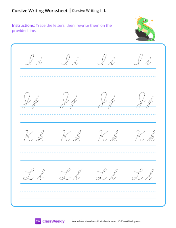 Cursive Writing I to L worksheet preview