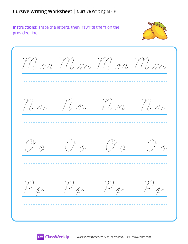 Cursive Writing M to P worksheet preview