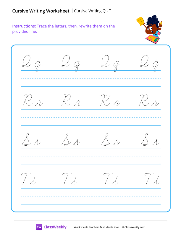 Cursive Writing Q to T worksheet preview