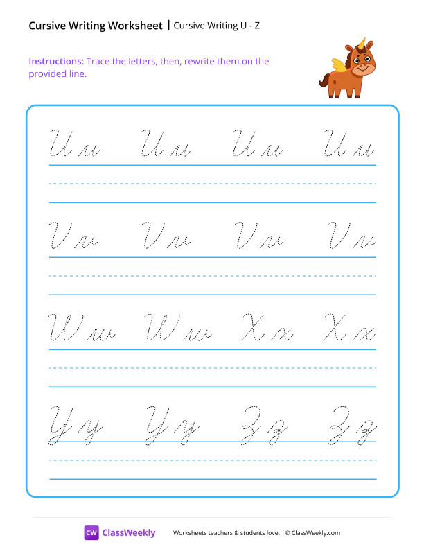 Cursive Writing U to Z worksheet preview