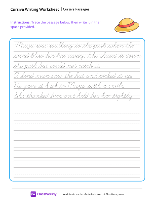 Cursive Passages - Lost Hat worksheet preview