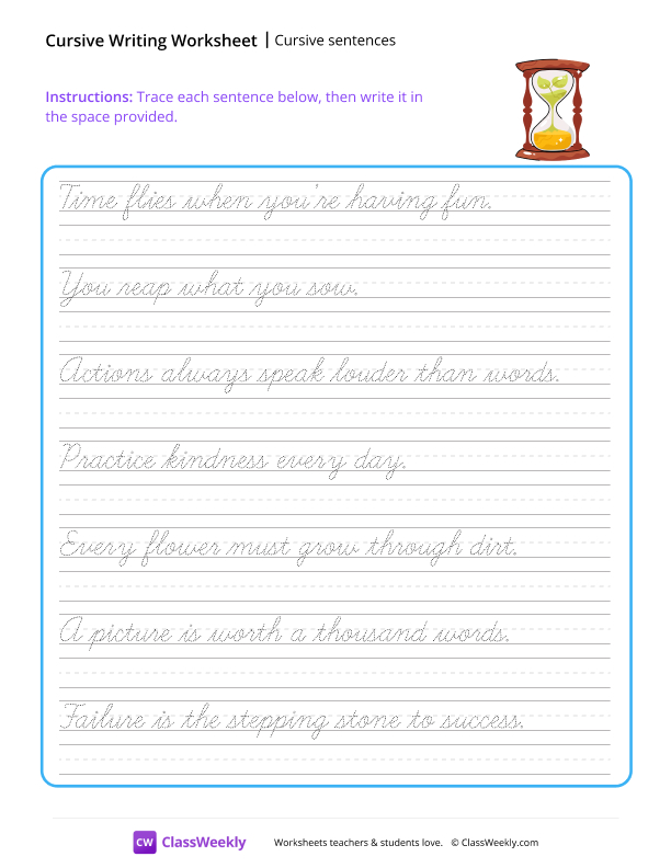 Cursive Sentences - Time worksheet preview