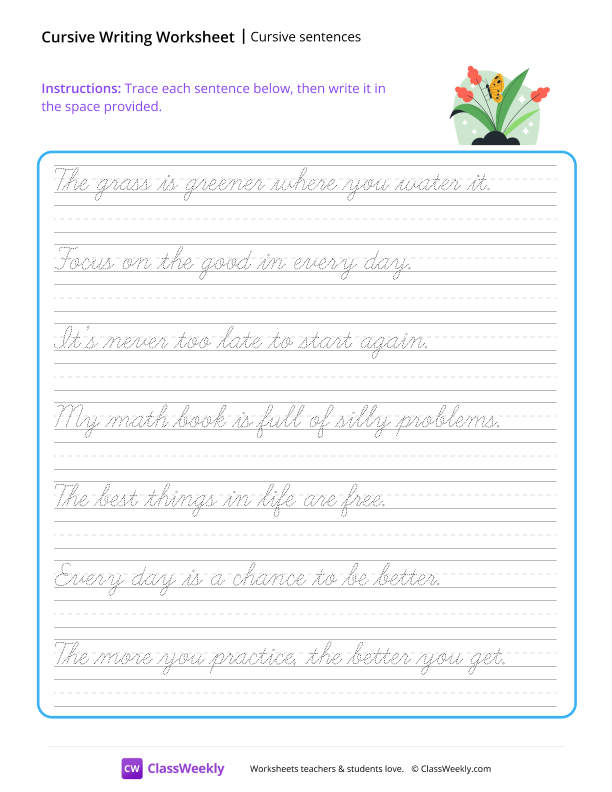 Cursive Sentences - Grass worksheet preview