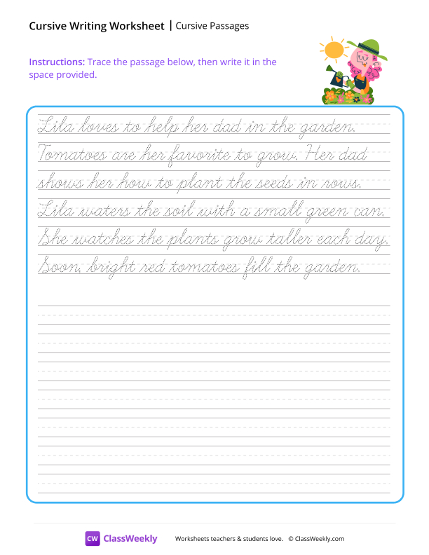 Cursive Passages - Garden worksheet preview