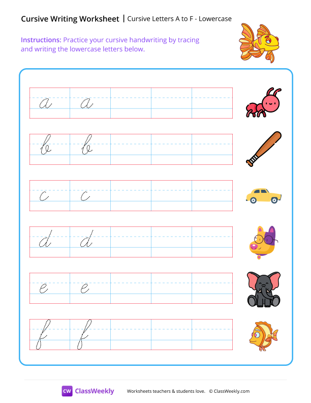 Cursive Letters A to F worksheet preview