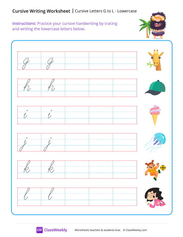 Cursive Letters G to L worksheet preview