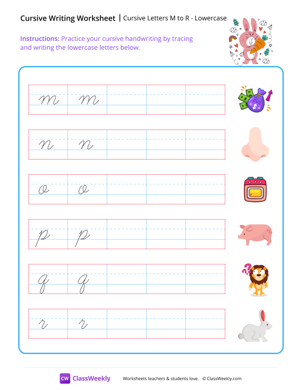 Cursive Letters M to R worksheet preview