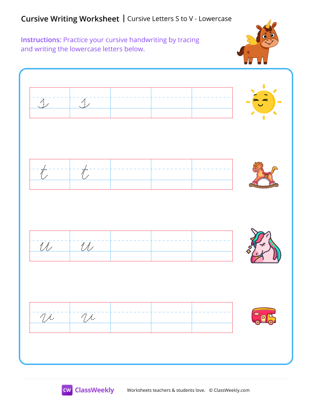 Cursive Letters S to V worksheet preview