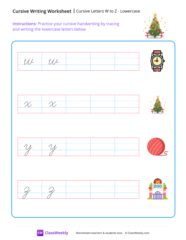 Cursive Letters W to Z worksheet preview