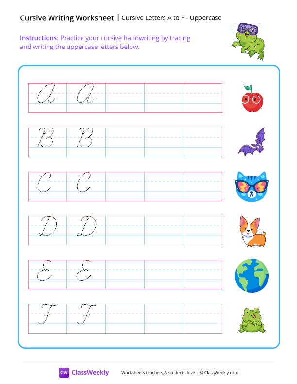 Cursive Letters A to F - Uppercase worksheet preview