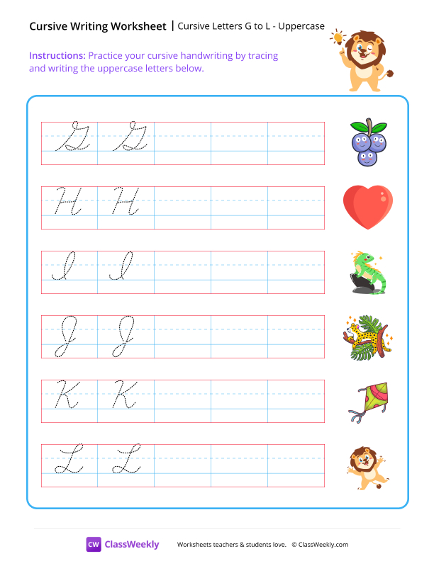 Cursive Letters G to L - Uppercase worksheet preview