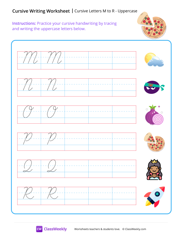 Cursive Letters M to R - Uppercase worksheet preview