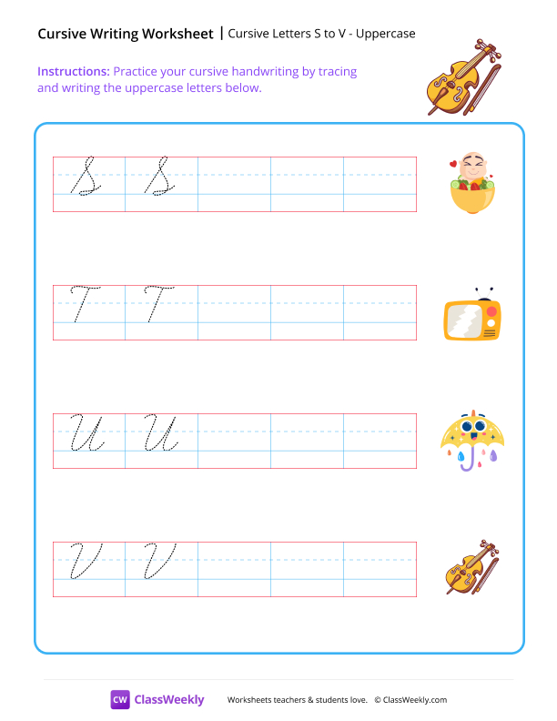 Cursive Letters S to V - Uppercase worksheet preview