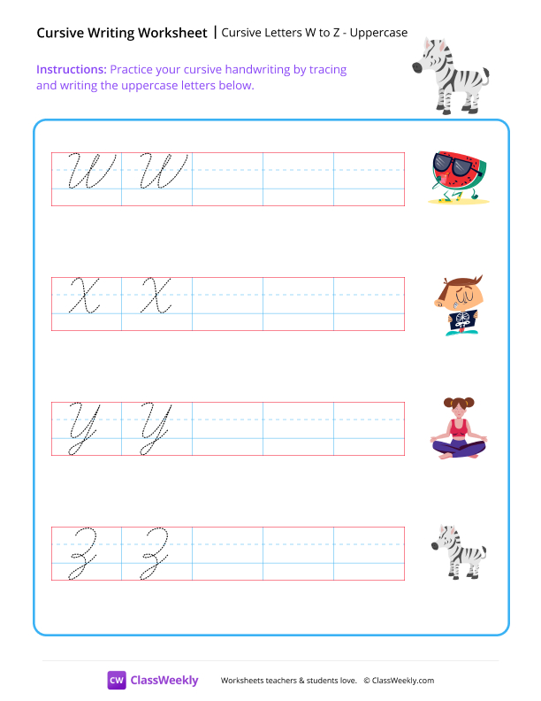 Cursive Letters W to Z - Uppercase worksheet preview