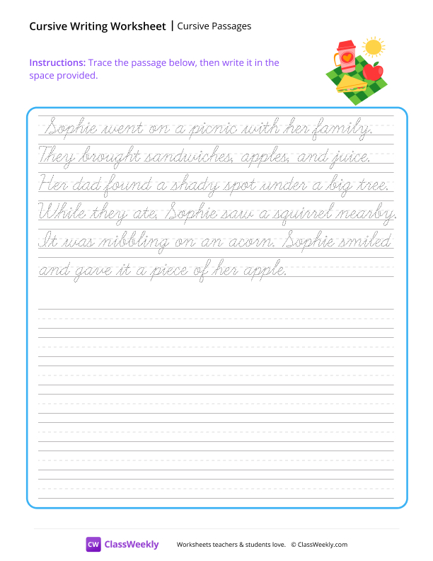 Cursive Passages - Picnic worksheet preview