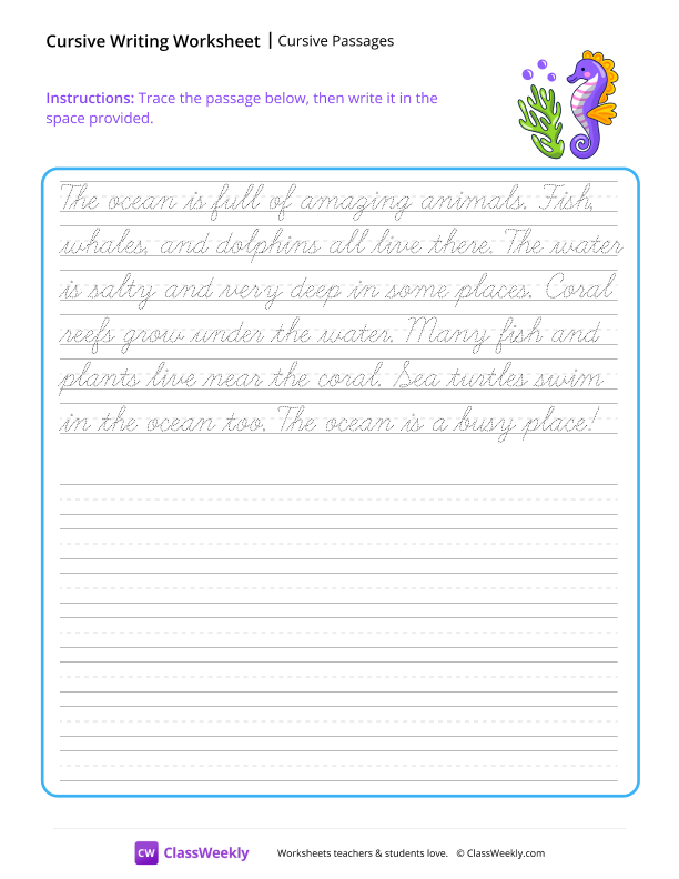 Cursive Passages - Sea Life worksheet preview