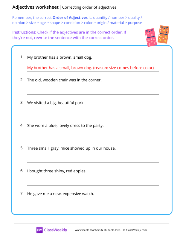 Correcting order of adjectives - Dominoes worksheet preview
