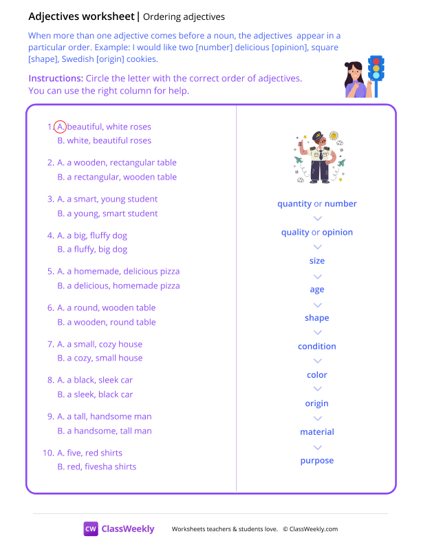 Ordering adjectives - Traffic Light worksheet preview