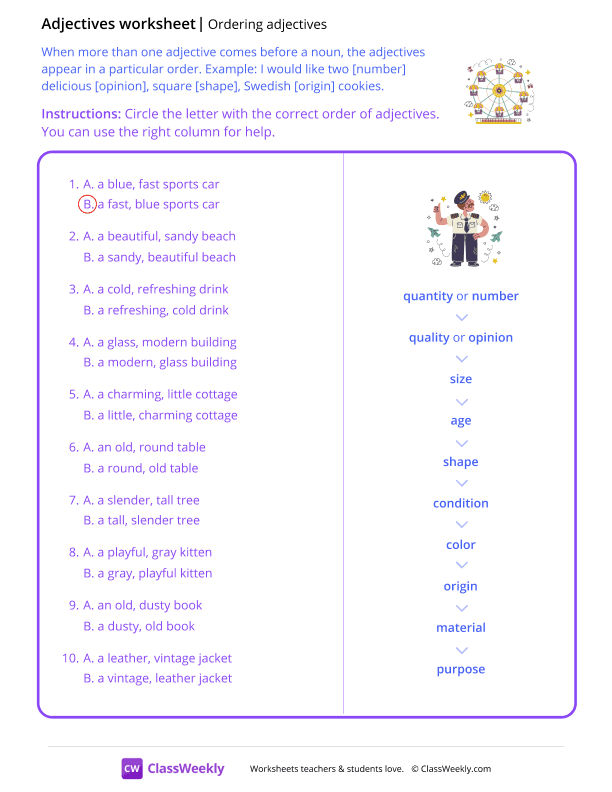 Ordering adjectives - Ferris Wheel worksheet preview