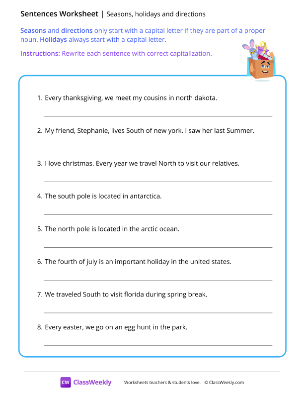 Seasons, holidays and directions worksheet preview