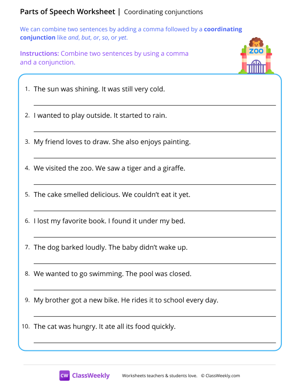 Coordinating conjunctions - Zoo worksheet preview