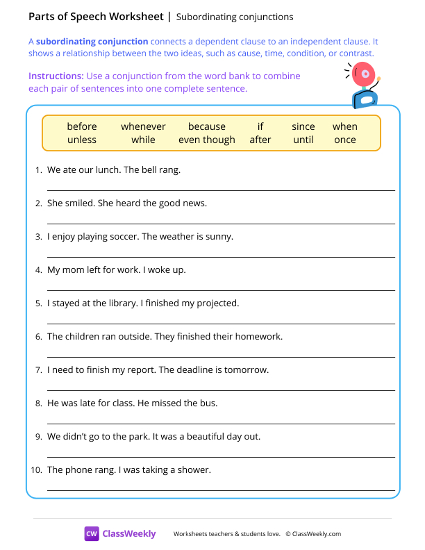 Subordinating conjunctions - Bell worksheet preview
