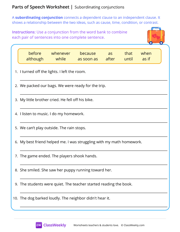Subordinating conjunctions - Packed worksheet preview