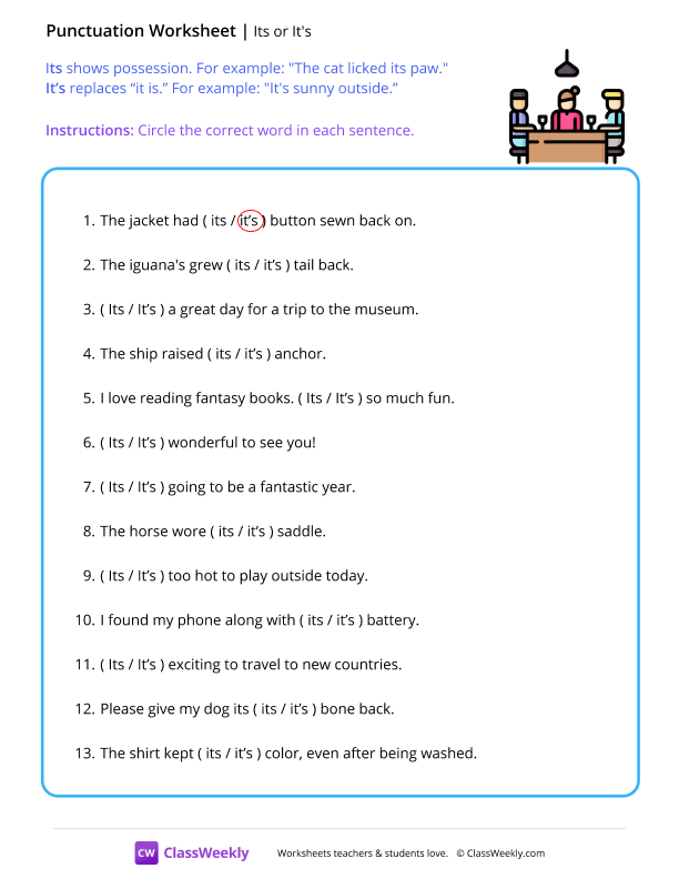 Its and It's - Dinner worksheet preview