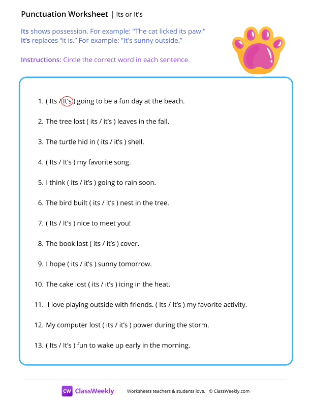 Its or It's - Paw worksheet preview