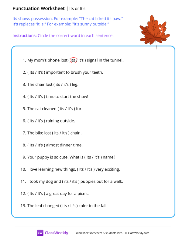 Its vs It's - leaf worksheet preview