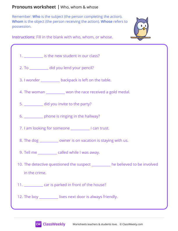 Relative Pronouns (who, whom & whose) worksheet preview