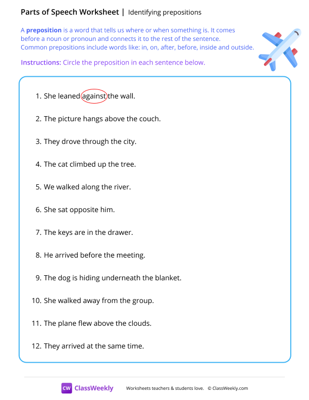 Identifying prepositions - Plane worksheet preview