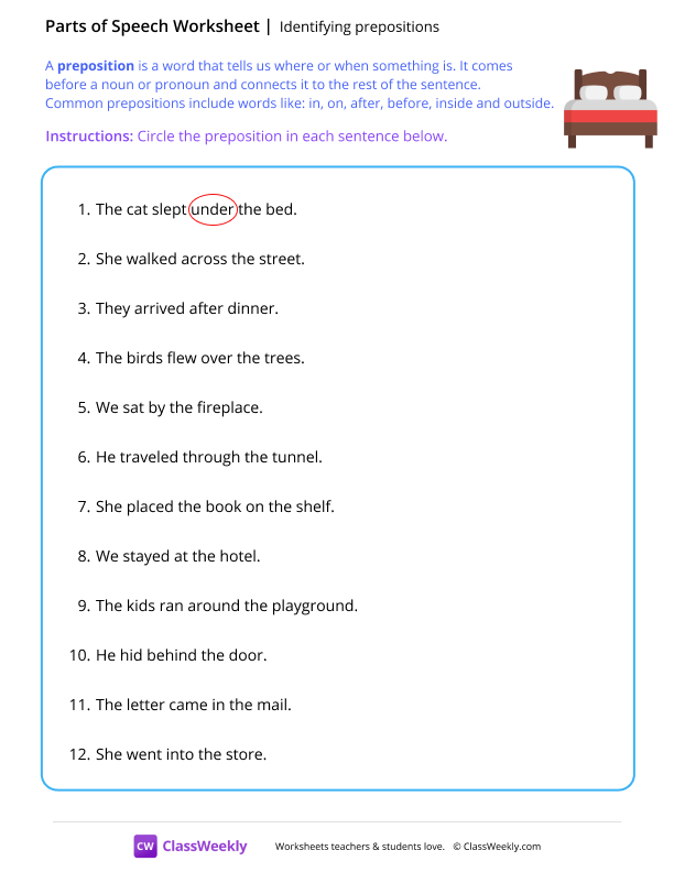 Identifying prepositions worksheet preview